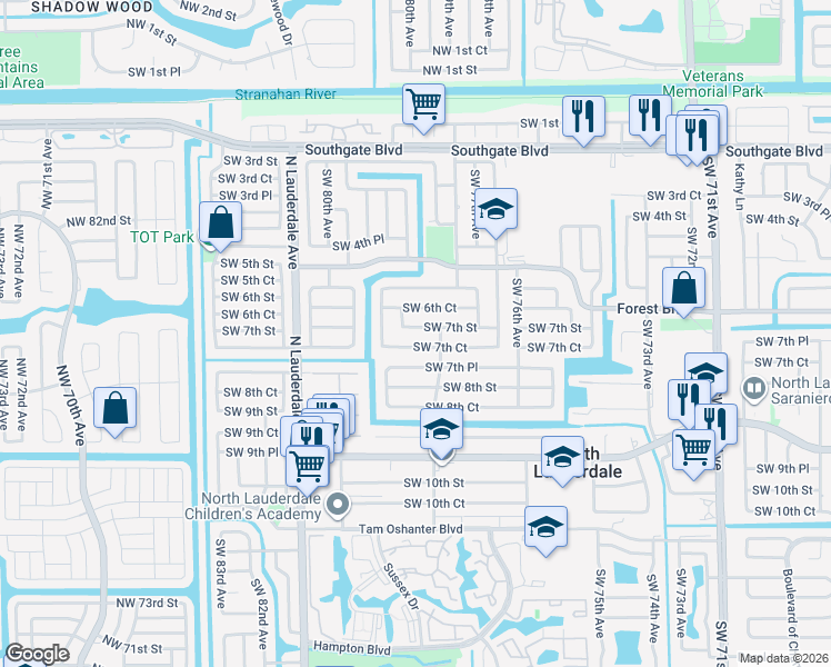map of restaurants, bars, coffee shops, grocery stores, and more near 7807 Southwest 7th Court in North Lauderdale