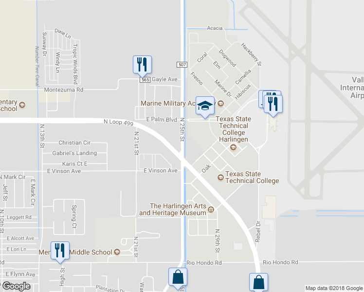 map of restaurants, bars, coffee shops, grocery stores, and more near 2664 North 25th Street in Harlingen