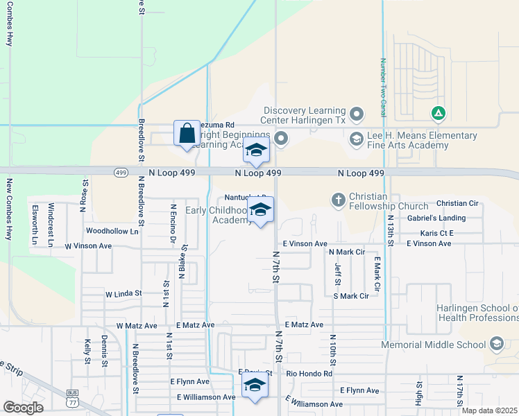 map of restaurants, bars, coffee shops, grocery stores, and more near 712 Nantucket Drive in Harlingen