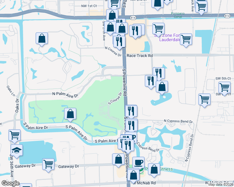 map of restaurants, bars, coffee shops, grocery stores, and more near 2601 South Course Drive in Pompano Beach