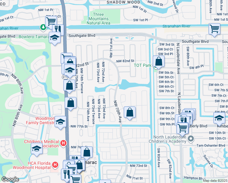 map of restaurants, bars, coffee shops, grocery stores, and more near 8000 Northwest 70th Avenue in Tamarac