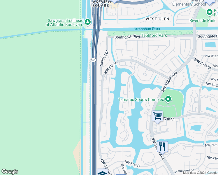map of restaurants, bars, coffee shops, grocery stores, and more near 7663 Trent Drive in Tamarac