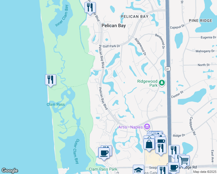 map of restaurants, bars, coffee shops, grocery stores, and more near 6060 Pelican Bay Boulevard in Naples