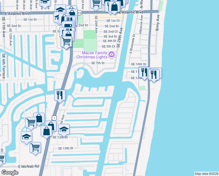 map of restaurants, bars, coffee shops, grocery stores, and more near 2593 Southeast 8th Street in Pompano Beach