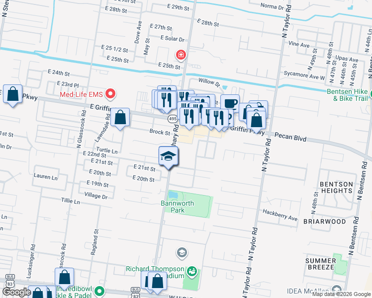 map of restaurants, bars, coffee shops, grocery stores, and more near 2200 North Shary Road in Mission