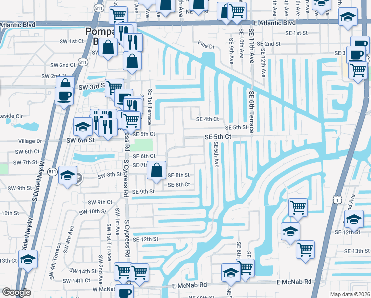 map of restaurants, bars, coffee shops, grocery stores, and more near 330 Southeast 6th Street in Pompano Beach