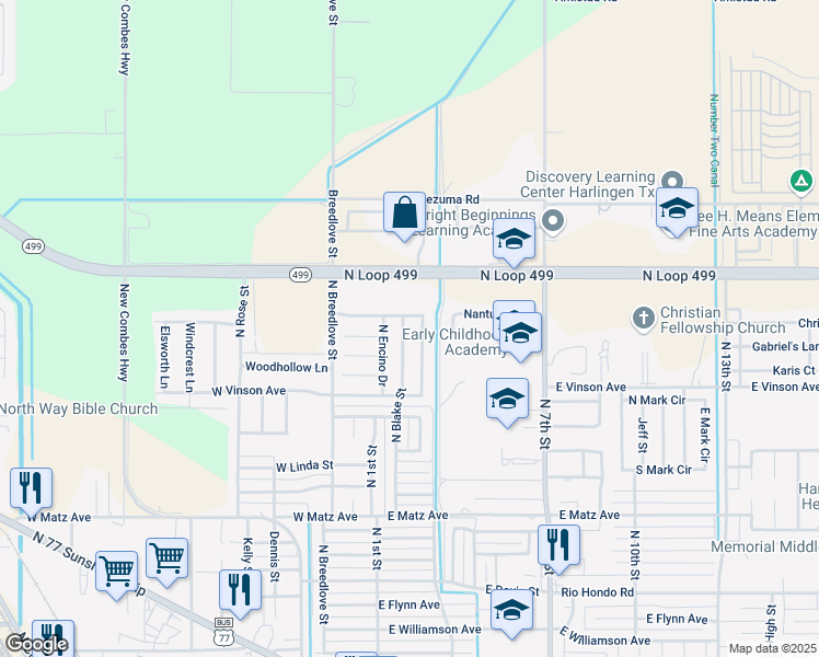 map of restaurants, bars, coffee shops, grocery stores, and more near 3006 North Blake Street in Harlingen