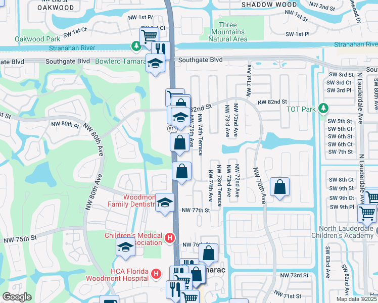 map of restaurants, bars, coffee shops, grocery stores, and more near 8003 Northwest 75th Avenue in Tamarac
