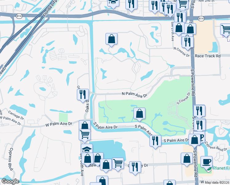 map of restaurants, bars, coffee shops, grocery stores, and more near 3117 Palm Aire Drive North in Pompano Beach