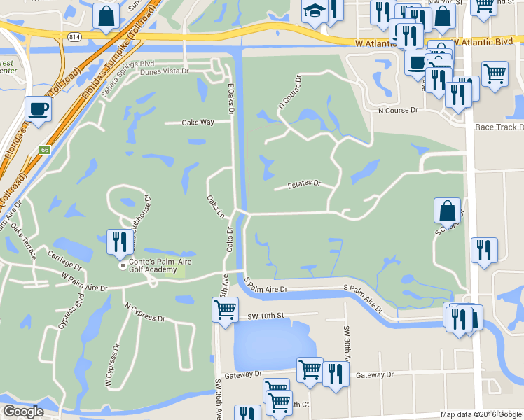 map of restaurants, bars, coffee shops, grocery stores, and more near 3170 Palm Aire Drive North in Pompano Beach