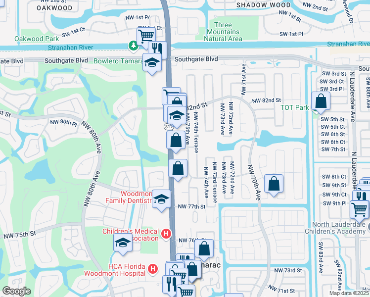 map of restaurants, bars, coffee shops, grocery stores, and more near 8003 Northwest 75th Avenue in Tamarac