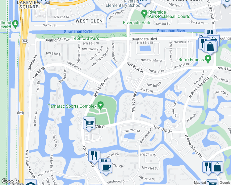 map of restaurants, bars, coffee shops, grocery stores, and more near 7765 Yardley Drive in Tamarac