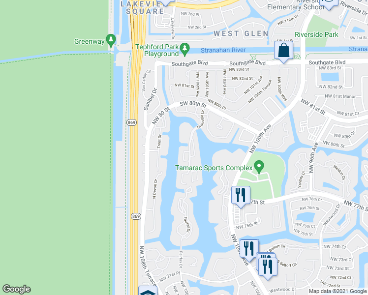 map of restaurants, bars, coffee shops, grocery stores, and more near 7629 Granville Drive in Tamarac