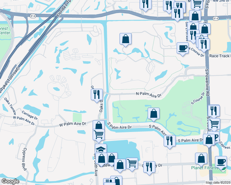 map of restaurants, bars, coffee shops, grocery stores, and more near 3170 Palm Aire Drive North in Pompano Beach