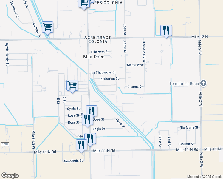 map of restaurants, bars, coffee shops, grocery stores, and more near 3716 El Canario Street in Mercedes