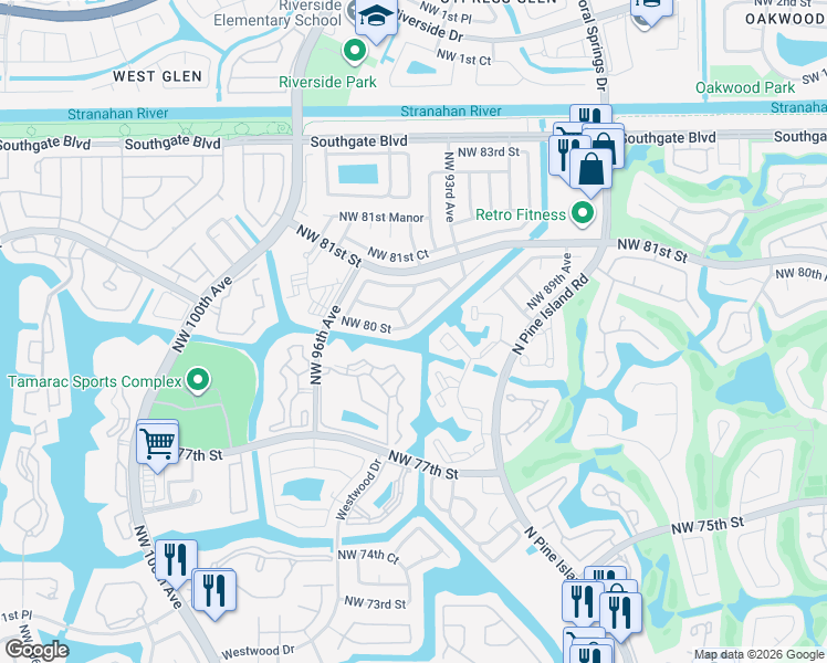 map of restaurants, bars, coffee shops, grocery stores, and more near 9504 Northwest 80th Street in Tamarac