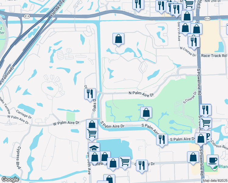map of restaurants, bars, coffee shops, grocery stores, and more near 3170 Palm Aire Drive North in Pompano Beach