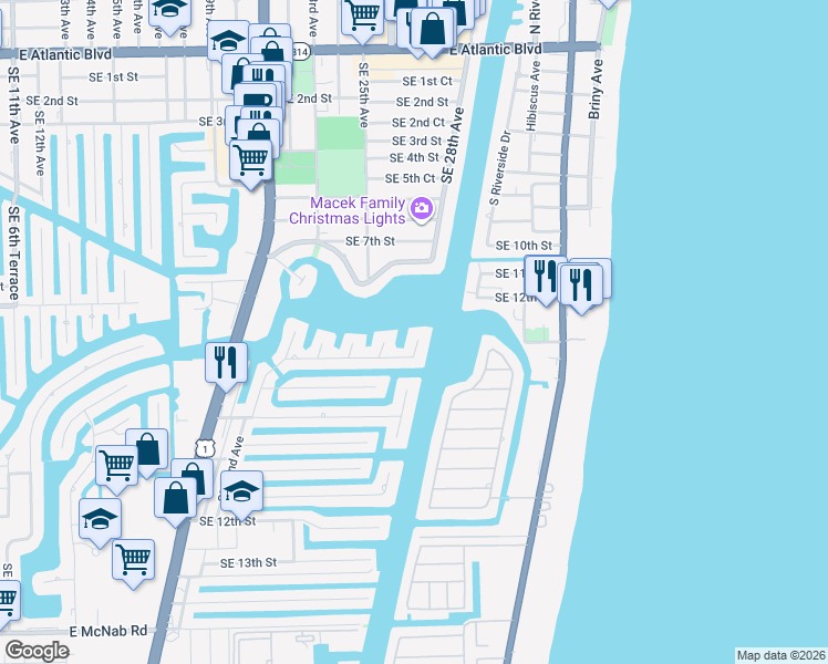 map of restaurants, bars, coffee shops, grocery stores, and more near 2593 Southeast 8th Street in Pompano Beach