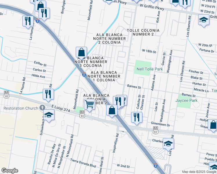 map of restaurants, bars, coffee shops, grocery stores, and more near 2404 West Expressway 83 in Mission