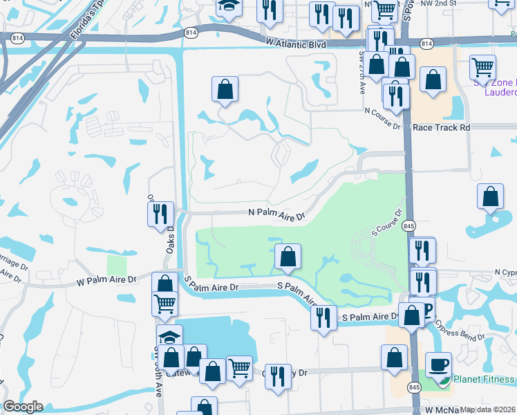 map of restaurants, bars, coffee shops, grocery stores, and more near 3050 North Palm Aire Drive in Pompano Beach