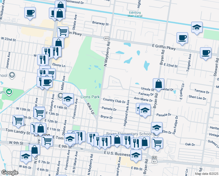 map of restaurants, bars, coffee shops, grocery stores, and more near 804 Fairway Drive in Mission