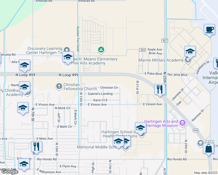 map of restaurants, bars, coffee shops, grocery stores, and more near 1741 Gabriel's Landing in Harlingen