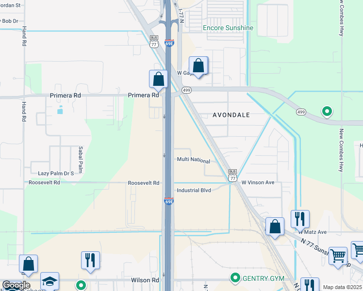 map of restaurants, bars, coffee shops, grocery stores, and more near U.S. 77 Frontage Rd in Harlingen
