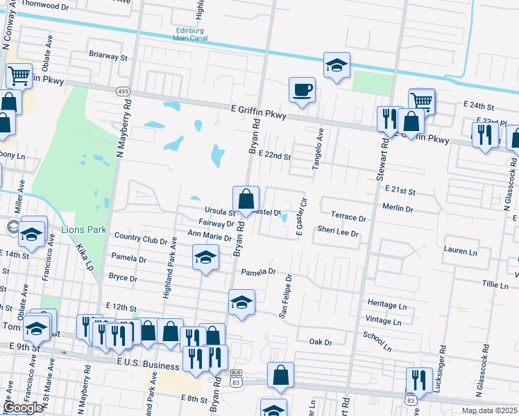 map of restaurants, bars, coffee shops, grocery stores, and more near 1614 West Gastel Circle in Mission