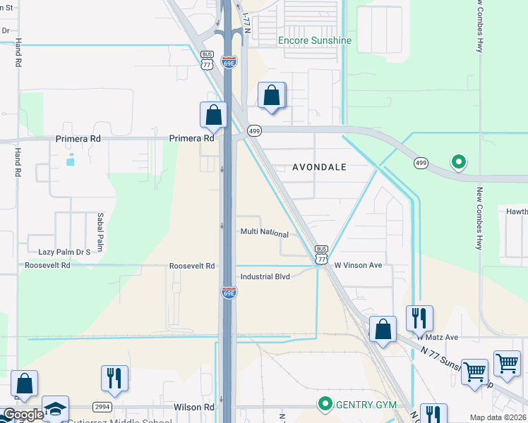 map of restaurants, bars, coffee shops, grocery stores, and more near Northridge Avenue in Harlingen