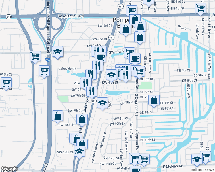 map of restaurants, bars, coffee shops, grocery stores, and more near 236 Southwest 6th Court in Pompano Beach