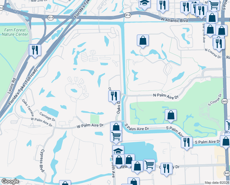 map of restaurants, bars, coffee shops, grocery stores, and more near 575 Oaks Lane in Pompano Beach
