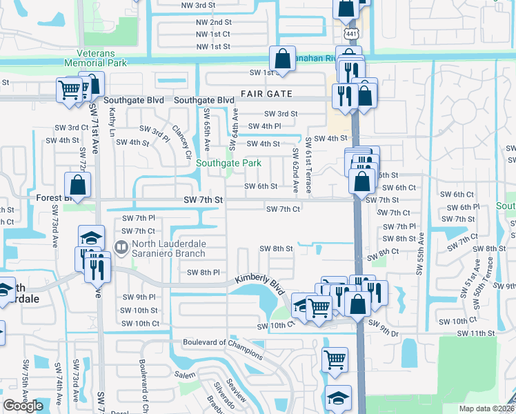 map of restaurants, bars, coffee shops, grocery stores, and more near 6301 Southwest 7th Court in Margate