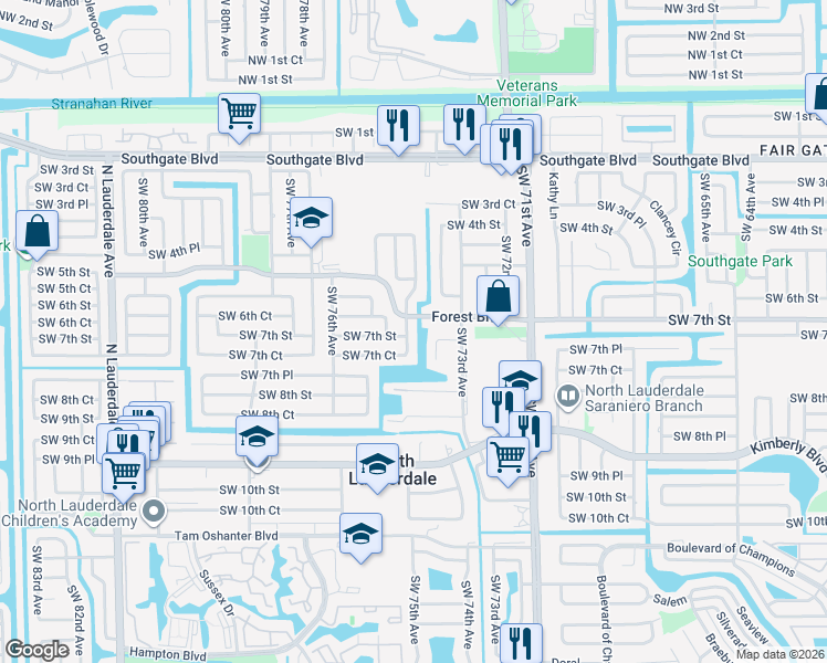 map of restaurants, bars, coffee shops, grocery stores, and more near 705 Southwest 74th Avenue in North Lauderdale