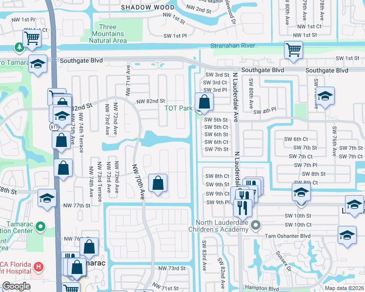 map of restaurants, bars, coffee shops, grocery stores, and more near 8000 Northwest 66th Terrace in Tamarac