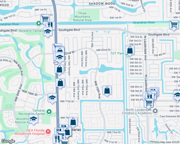 map of restaurants, bars, coffee shops, grocery stores, and more near 8001 Northwest 71st Avenue in Tamarac