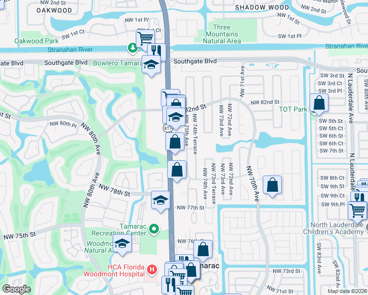 map of restaurants, bars, coffee shops, grocery stores, and more near 8003 Northwest 75th Avenue in Tamarac