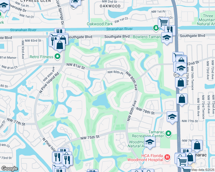 map of restaurants, bars, coffee shops, grocery stores, and more near 7800 Northwest 84th Terrace in Tamarac