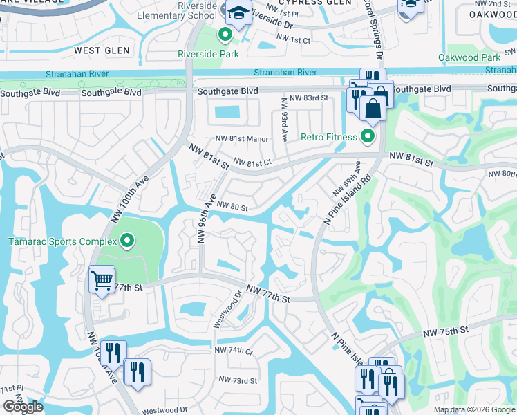 map of restaurants, bars, coffee shops, grocery stores, and more near 9504 Northwest 80th Street in Tamarac