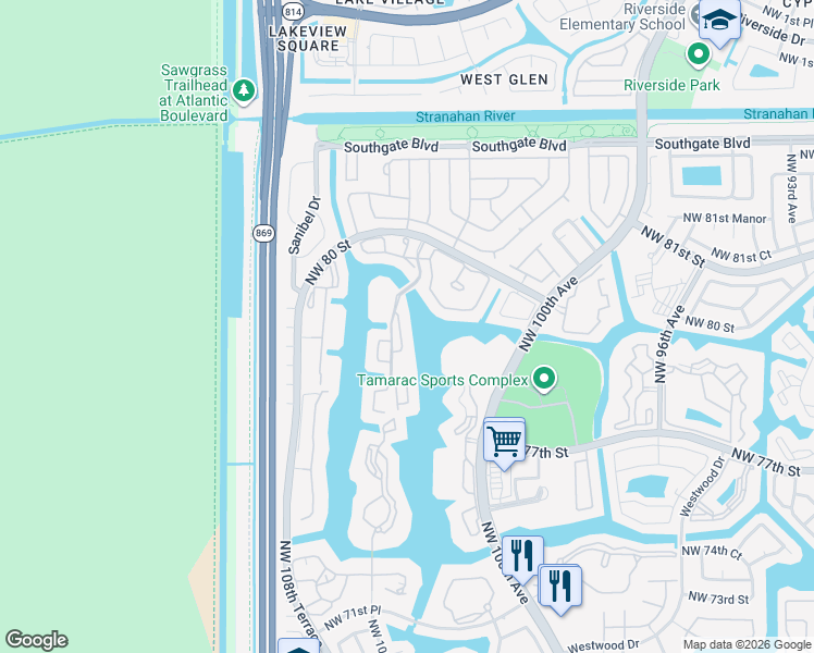map of restaurants, bars, coffee shops, grocery stores, and more near 7654 Granville Drive in Tamarac