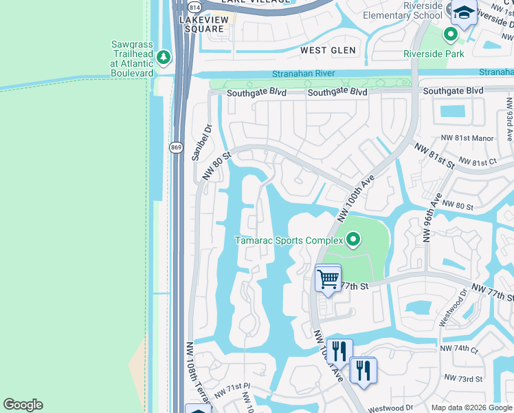 map of restaurants, bars, coffee shops, grocery stores, and more near 7629 Granville Drive in Tamarac
