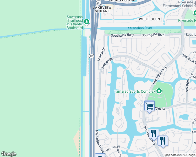 map of restaurants, bars, coffee shops, grocery stores, and more near 7663 Trent Drive in Tamarac