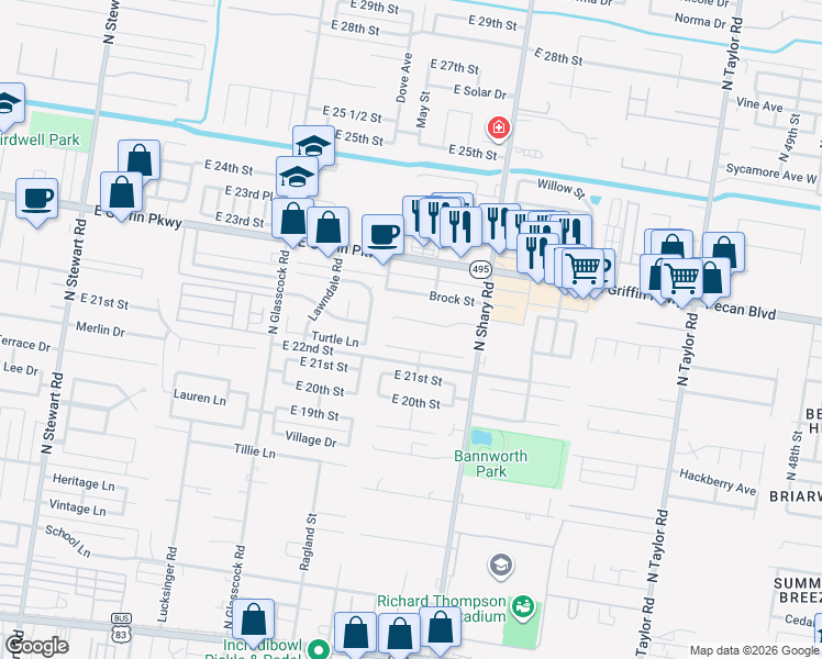 map of restaurants, bars, coffee shops, grocery stores, and more near 2303 East 23rd Street in Mission