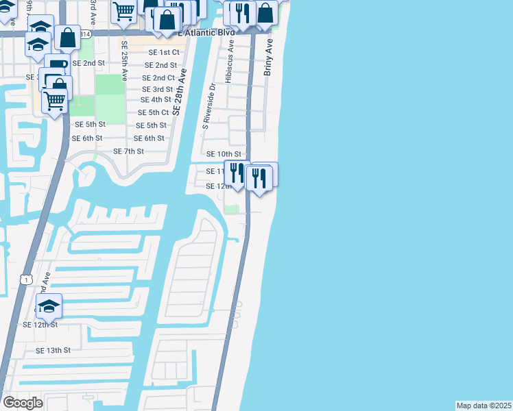 map of restaurants, bars, coffee shops, grocery stores, and more near 1220 South Ocean Boulevard in Pompano Beach