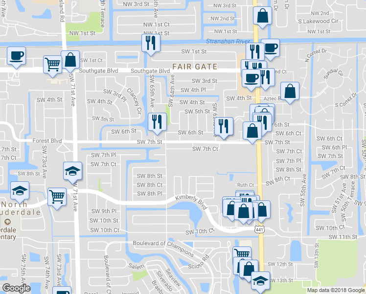 map of restaurants, bars, coffee shops, grocery stores, and more near 6301 Southwest 7th Court in Margate
