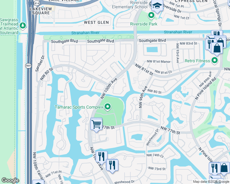 map of restaurants, bars, coffee shops, grocery stores, and more near 7930 North Nob Hill Road in Tamarac