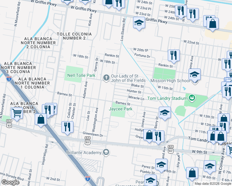 map of restaurants, bars, coffee shops, grocery stores, and more near 1215 Miracle Lane in Mission