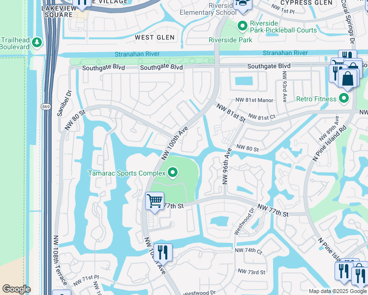 map of restaurants, bars, coffee shops, grocery stores, and more near 7930 North Nob Hill Road in Tamarac
