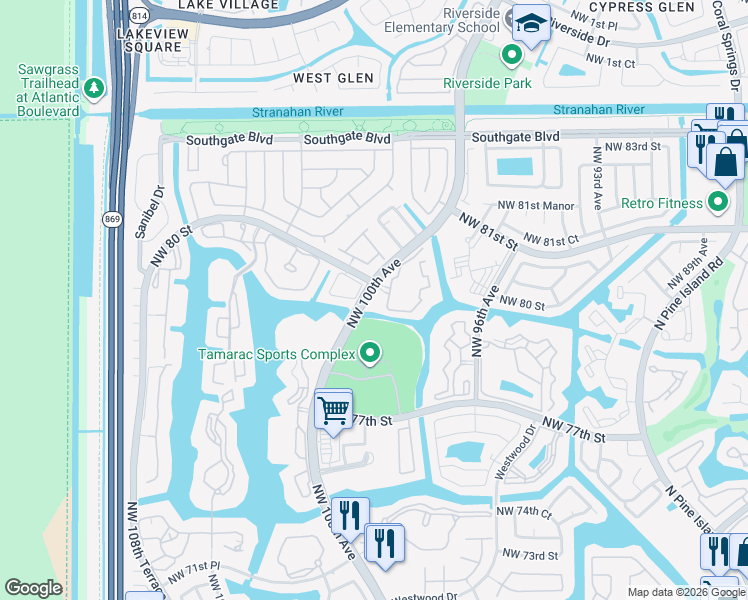 map of restaurants, bars, coffee shops, grocery stores, and more near 7910 North Nob Hill Road in Tamarac