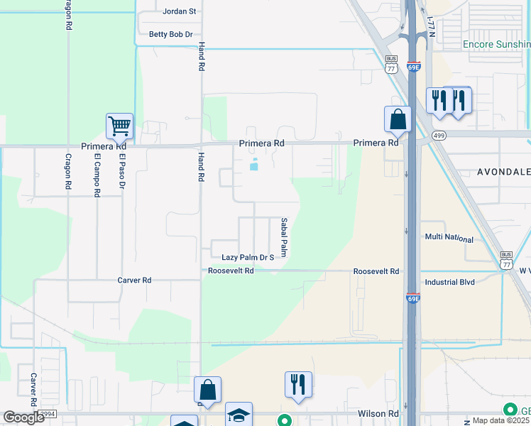 map of restaurants, bars, coffee shops, grocery stores, and more near 3210 Lazy Palm Dr N in Harlingen