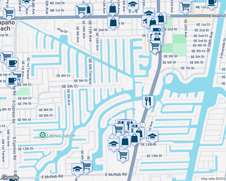 map of restaurants, bars, coffee shops, grocery stores, and more near 520 Southeast 9th Avenue in Pompano Beach